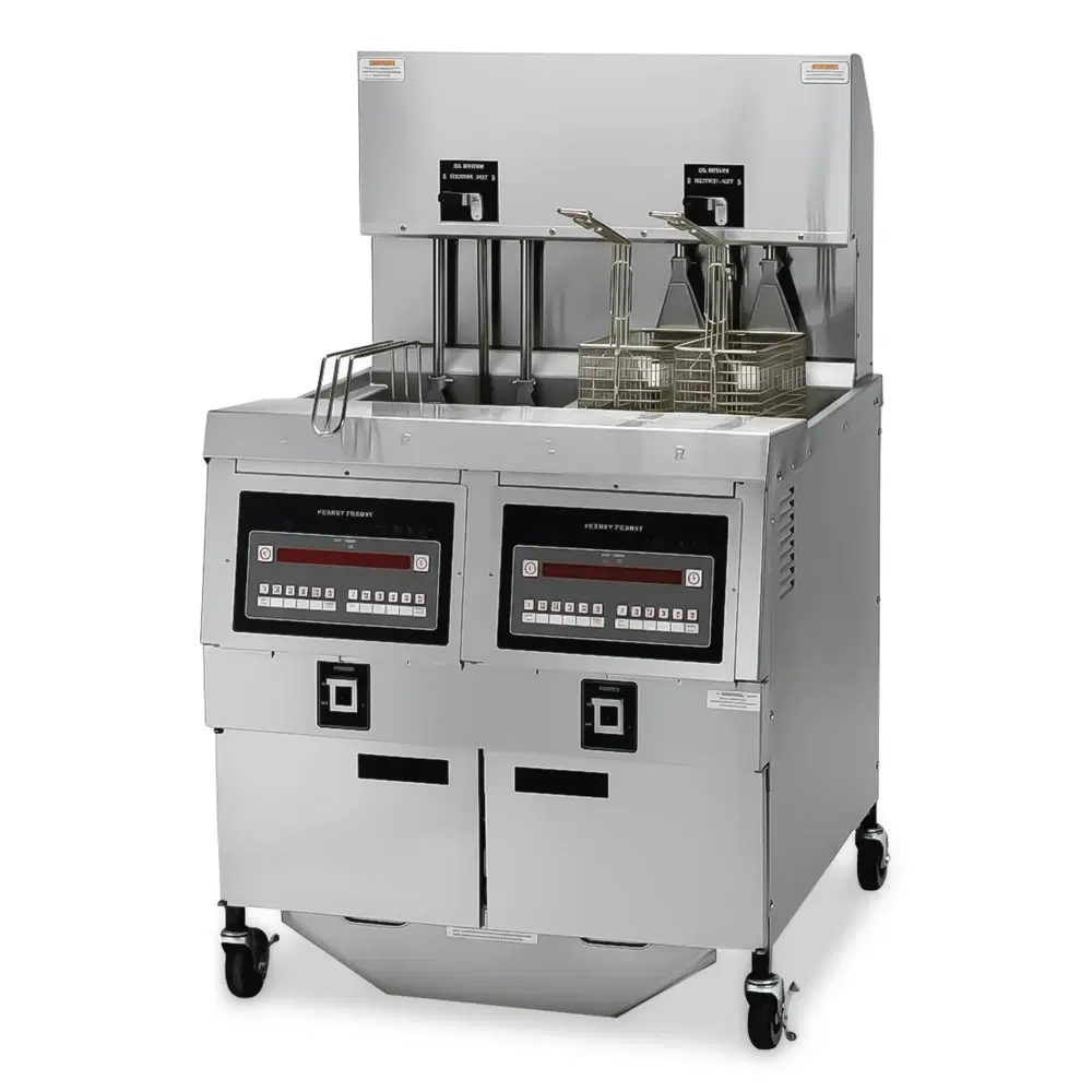 Henny Penny OGA322.04 33" Natural Gas Fryer, (2) 65 lb Vat, Auto Lift, Computron 8000 Controls, 170,000 BTU