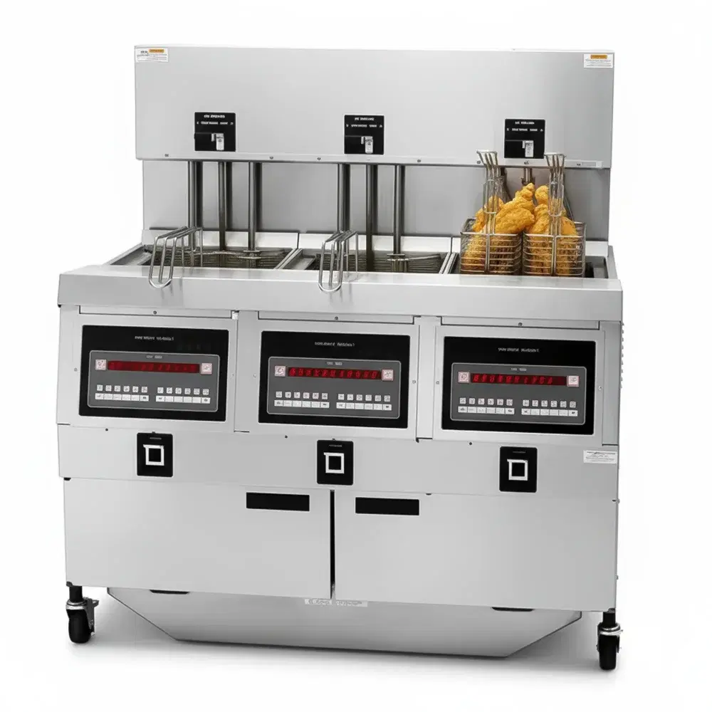 Henny Penny OGA323.04 49" Natural Gas Fryer, (3) 65 lb Vat, Auto Lift, Computron 8000 Controls, 255,000 BTU