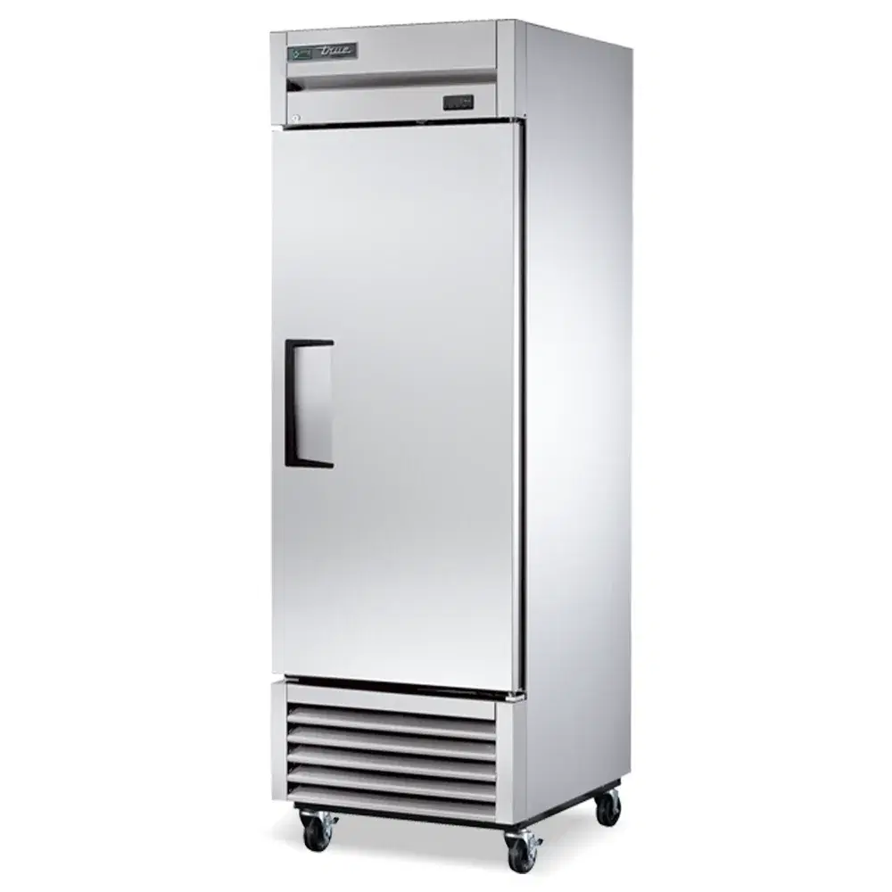 True stainless steel reach-in refrigerator with a single solid right-hinged door, providing efficient chilled storage for various food products.