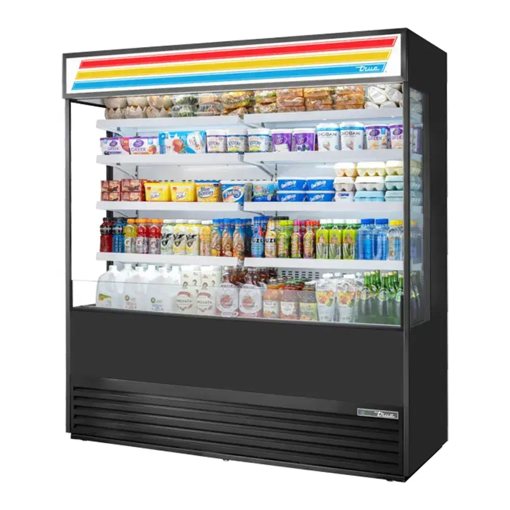 True TOAM-72GS-HC~TSL01 72" Refrigerated Vertical Air Curtain Merchandiser with Glass Sides and Sign Panel
