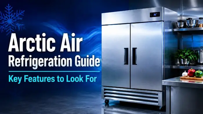 Arctic Air Refrigeration Guide thumbnail with stainless steel reach-in refrigerator and professional kitchen background
