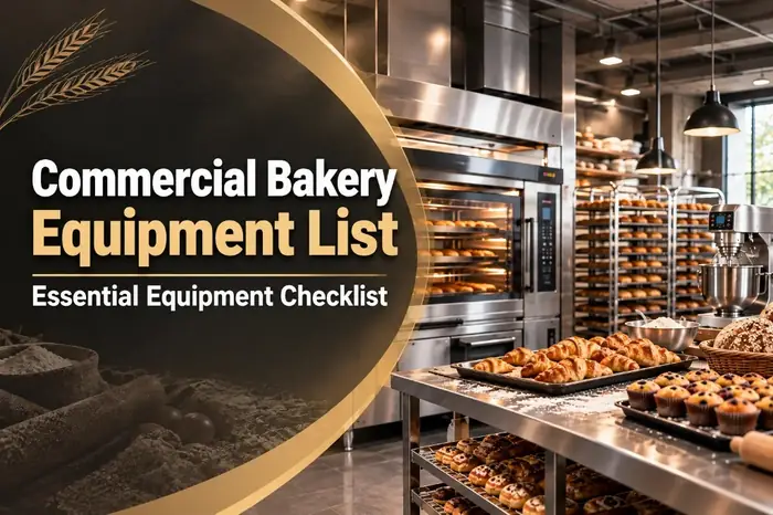 Thumbnail of Commercial Bakery Equipment List with rack oven, mixer, croissants, muffins, and bread racks