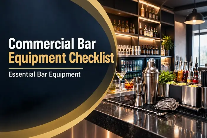 Thumbnail of Commercial Bar Equipment Checklist with cocktail shaker, jiggers, strainer, and back-bar bottles