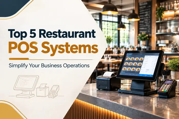 Thumbnail of Top 5 Restaurant POS Systems with a POS tablet, receipt printer, card reader, and a restaurant dining room backdrop