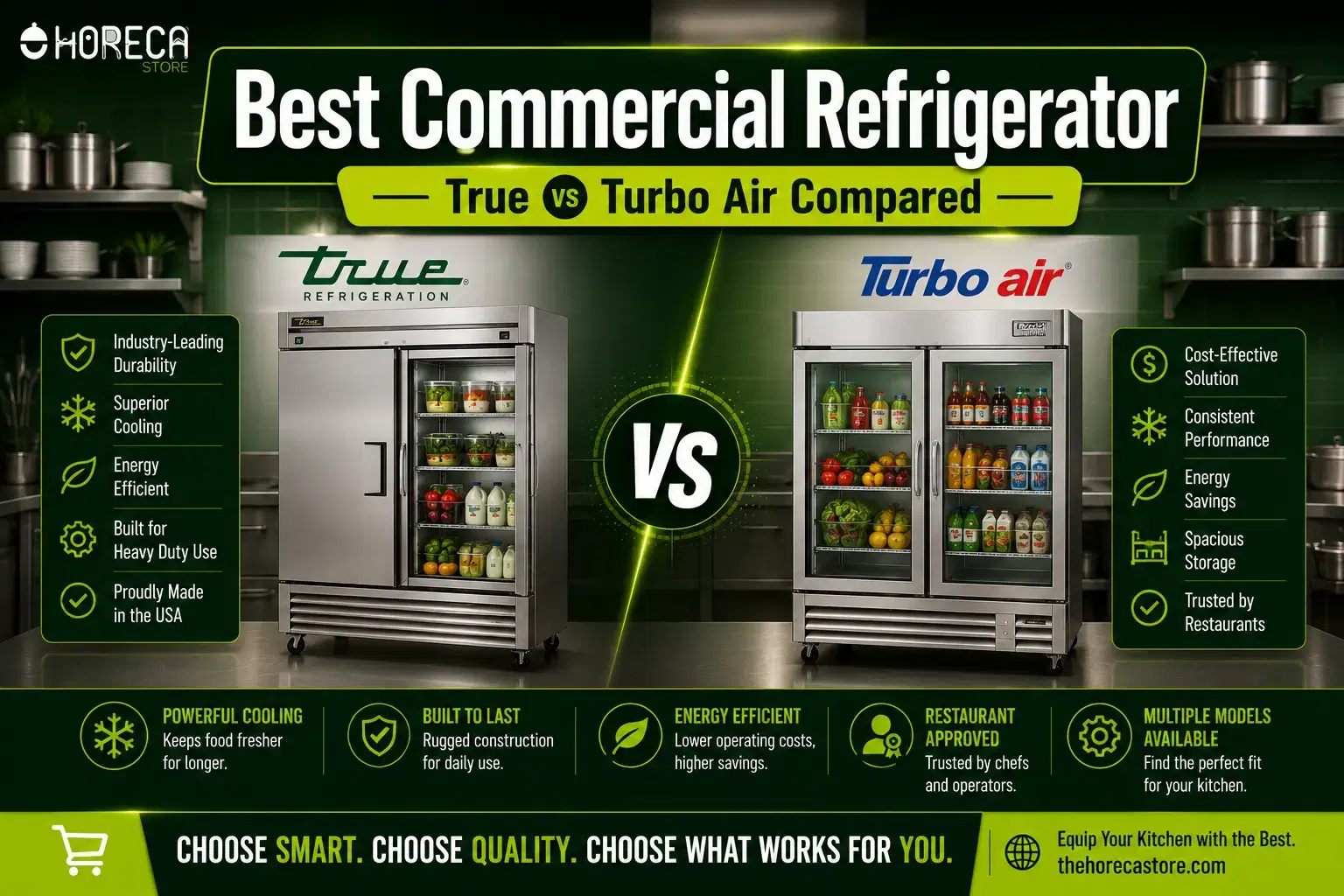 Compare True Refrigeration vs Turbo Air commercial refrigerators for durability, cooling performance, efficiency, and long-term value.