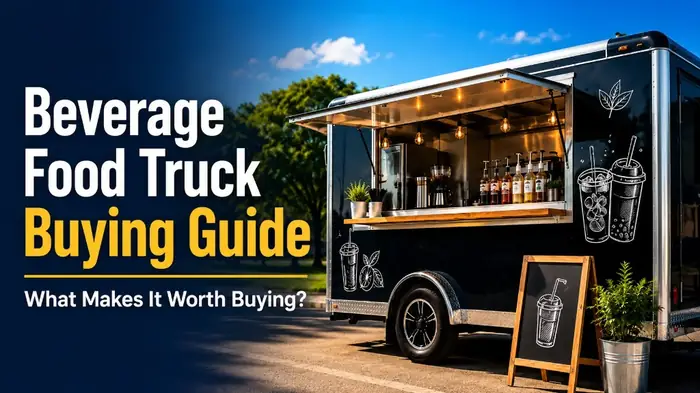 Beverage Food Truck Buying Guide thumbnail with a black food truck serving iced coffee and lemonade at an outdoor event