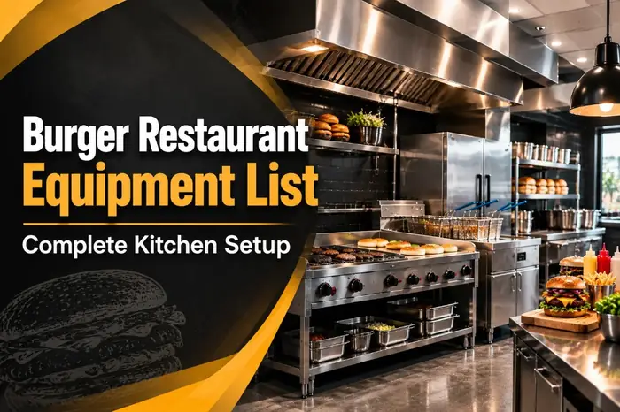Thumbnail of Burger Restaurant Equipment List with commercial kitchen griddle, burgers cooking, and a plated cheeseburger with fries