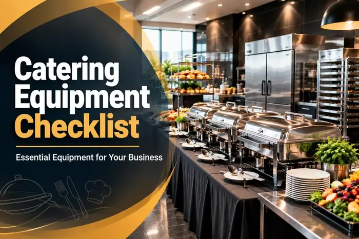 Thumbnail of Catering Equipment Checklist with chafing dishes, plates, and a commercial catering buffet line