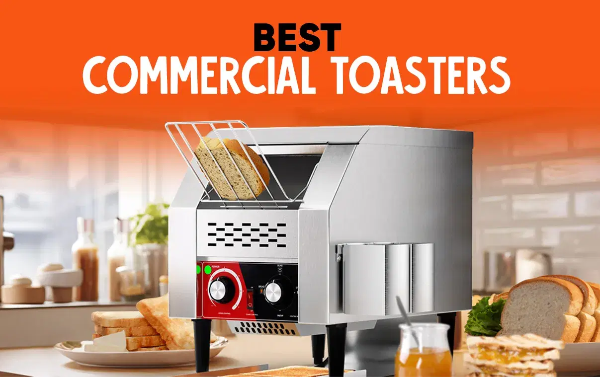 Modern commercial toaster on a kitchen counter with bread slices toasting, surrounded by breakfast items and condiments.