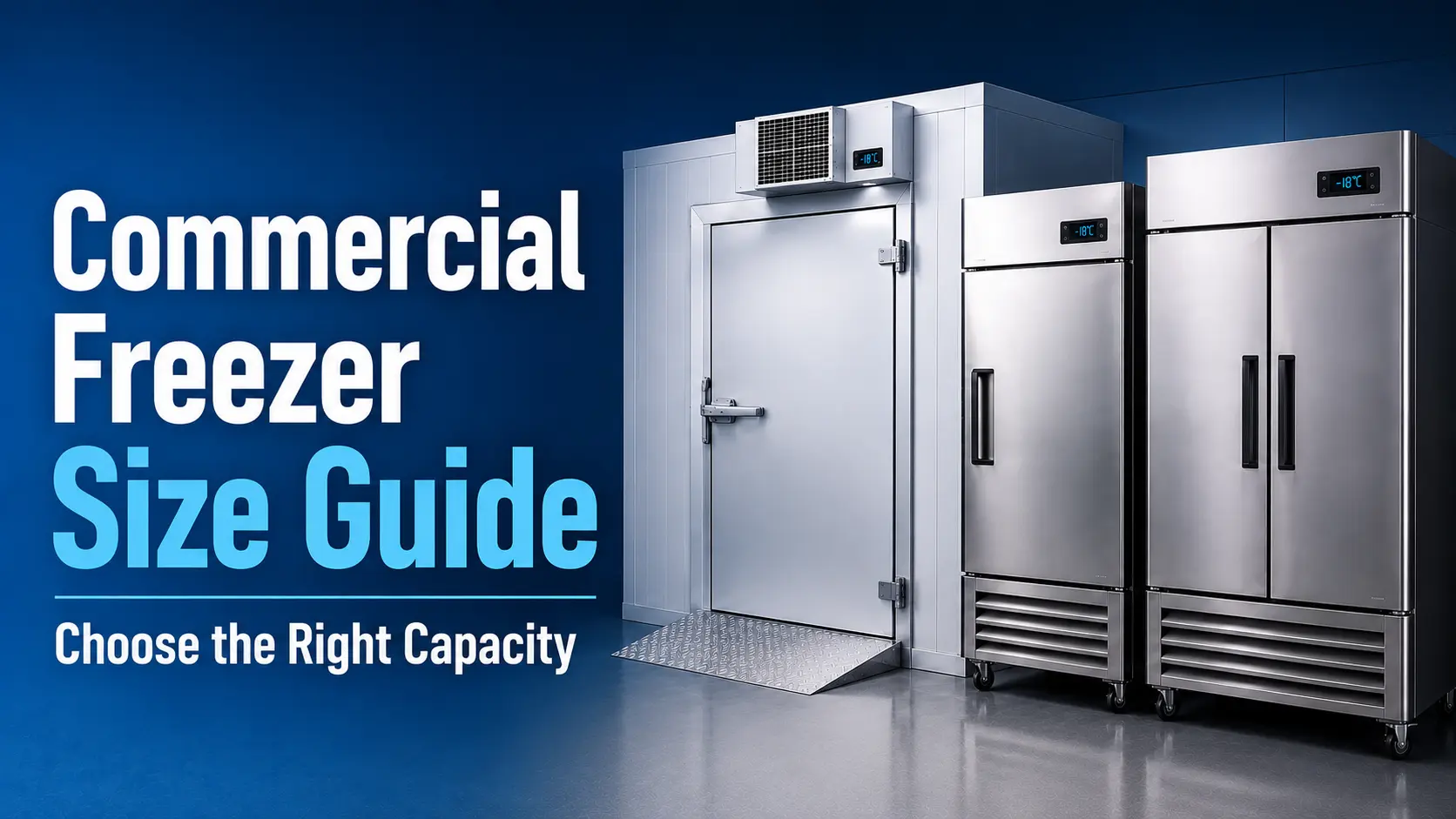 Commercial Freezer Size Guide banner showing a walk-in cold room with diamond-plate ramp, a single-door upright stainless steel freezer, and a double-door upright freezer displaying -18C against a dark blue background with text Choose the Right Capacity