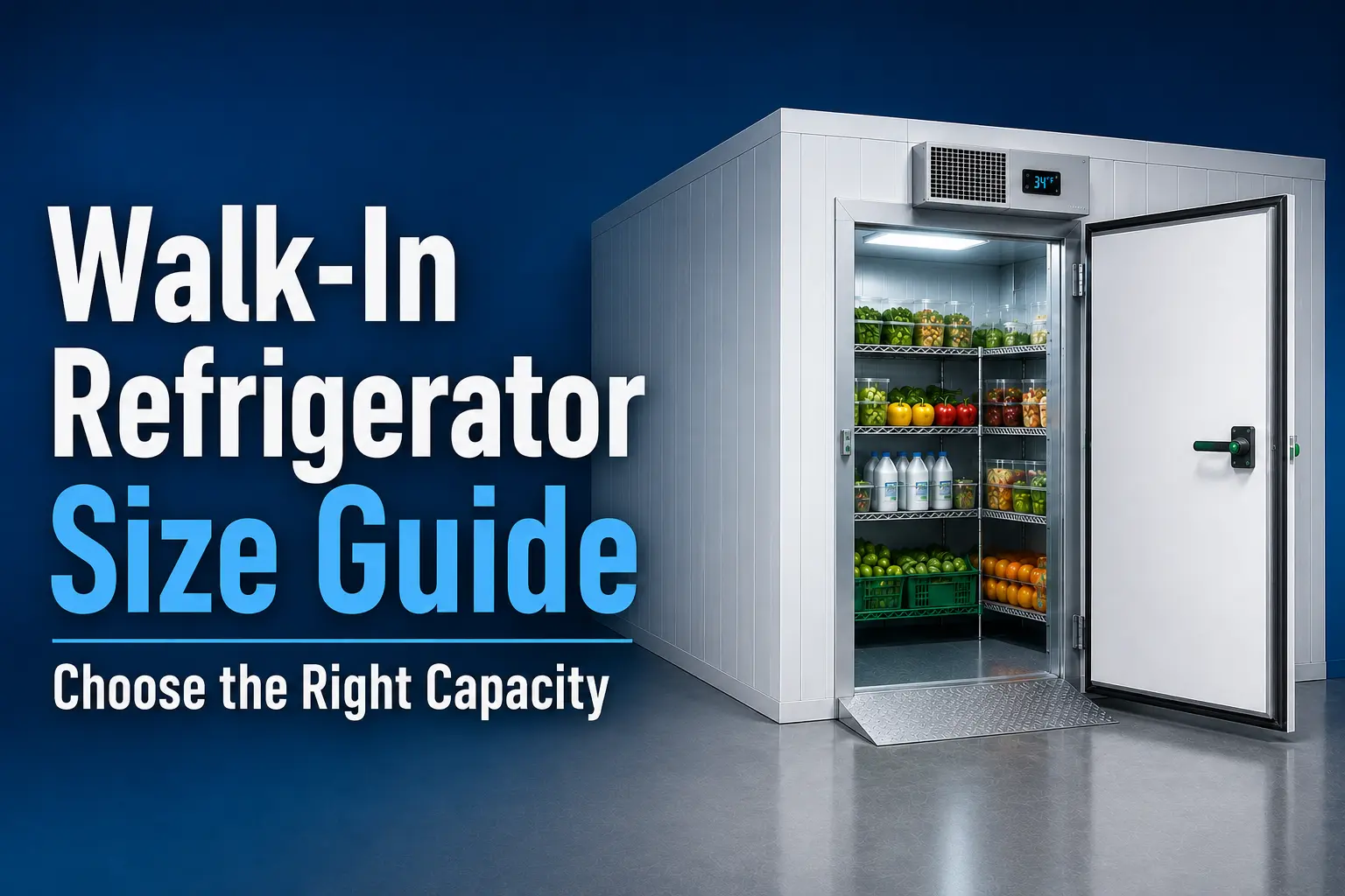 Thumbnail of a commercial walk-in refrigerator with open door and organized cold storage shelving