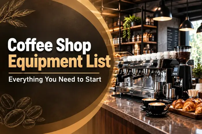 Thumbnail of Coffee Shop Equipment List with espresso machine, coffee grinder, latte, and croissants on a café bar