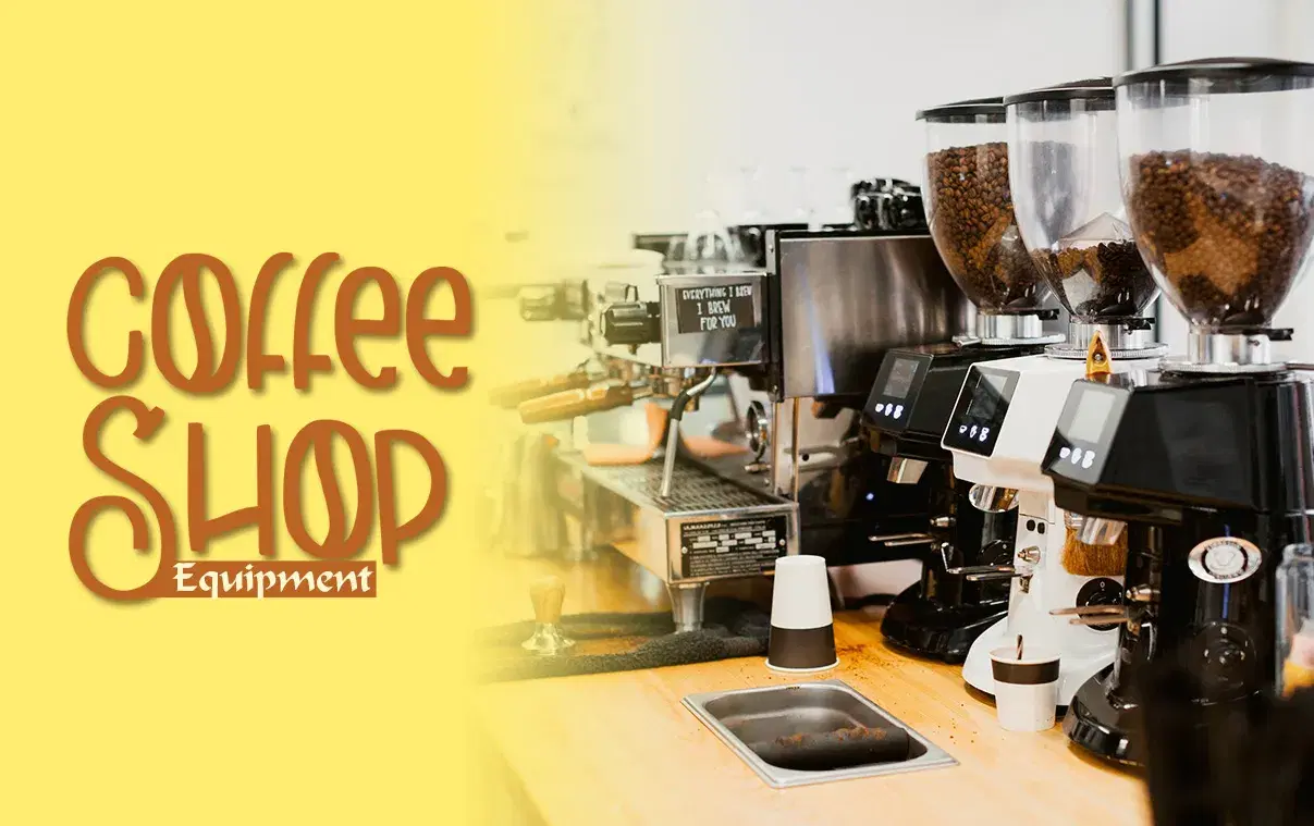 Coffee shop counter setup with espresso machines and coffee grinders neatly arranged, highlighting essential café brewing equipment