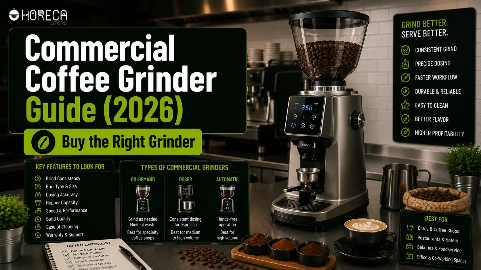 Commercial Coffee Grinder Buying Guide (2026): Compare grinder types, key features, and choose the best model for your coffee business.