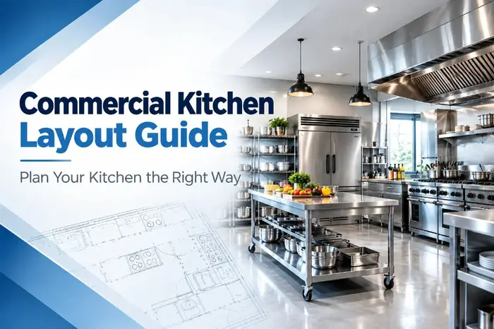Thumbnail of Commercial Kitchen Layout Guide with stainless prep island, refrigerator, cook line, and kitchen floor plan