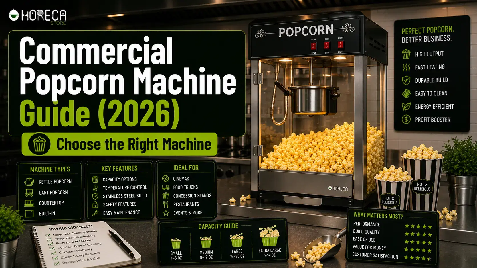 Commercial Popcorn Machine Guide (2026): Compare machine types, features, and capacities to choose the best popcorn maker for your business.