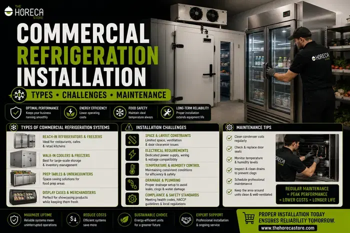The Horeca Store commercial refrigeration installation banner with types, challenges, and maintenance tips.