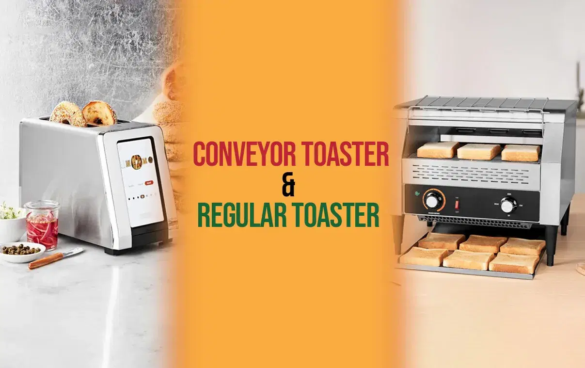 Side-by-side comparison of conveyor toaster and regular toaster with clear view of each appliance on a split orange background.