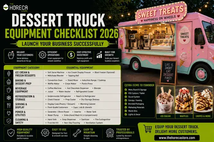 Dessert Truck Equipment Checklist 2026 banner with a food truck and essential equipment categories.
