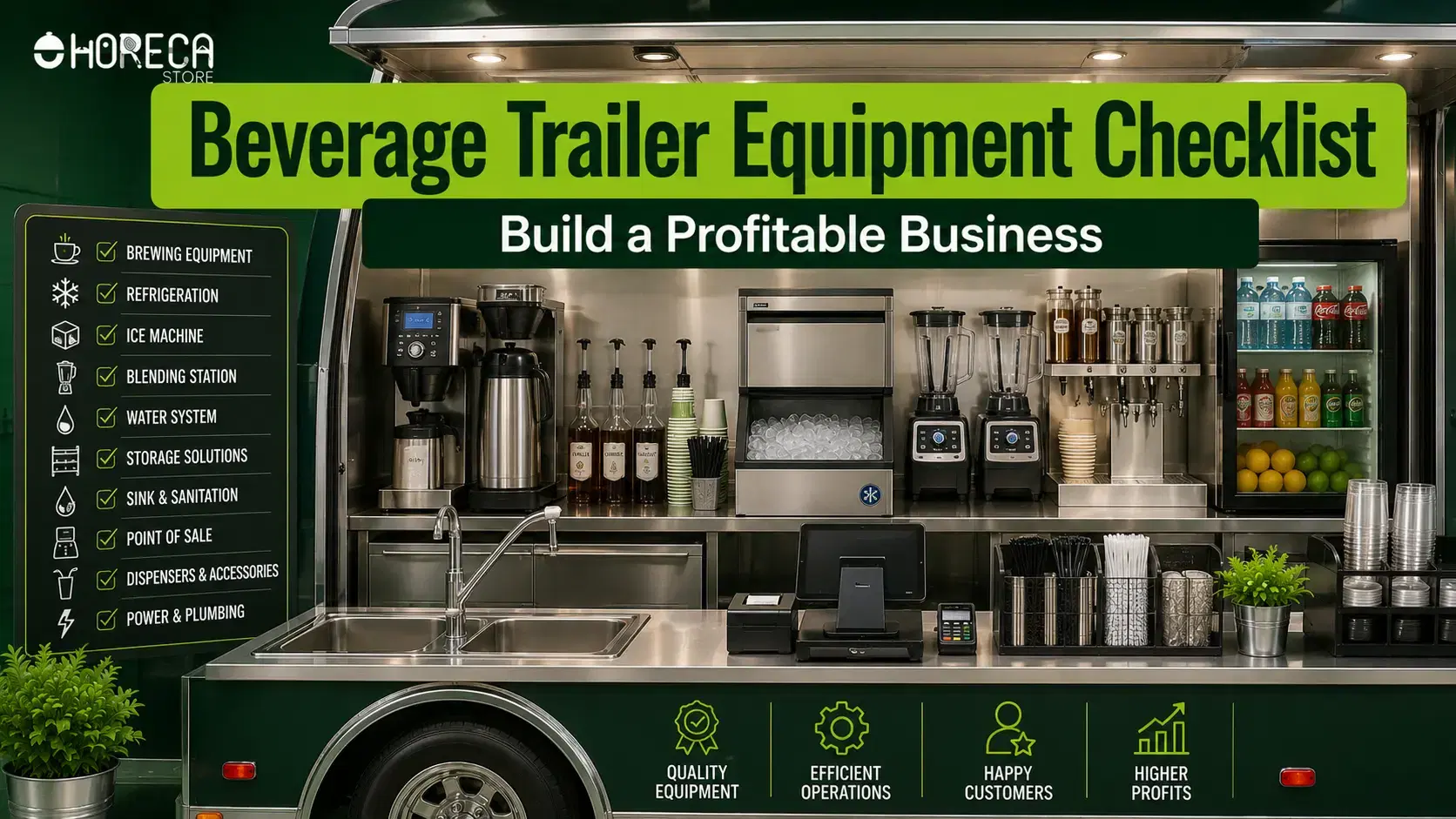 Complete beverage trailer equipment checklist covering coffee brewers, refrigeration, ice machines, blenders, POS systems, sinks, and storage.