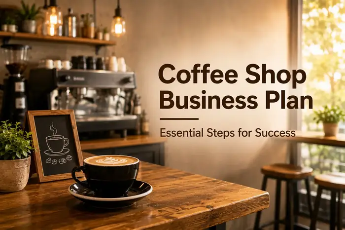 Thumbnail of a coffee shop interior with latte art, chalkboard sign, espresso bar, and warm lighting, with text Coffee Shop Business Plan: Essential Steps for Success.