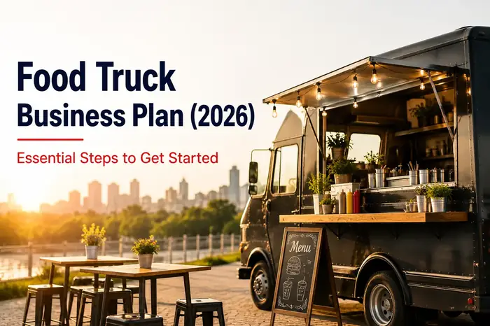 Thumbnail of a black food truck parked at an outdoor patio with wooden tables, stools, and a city sunset, with text Food Truck Business Plan (2026): Essential Steps to Get Started.