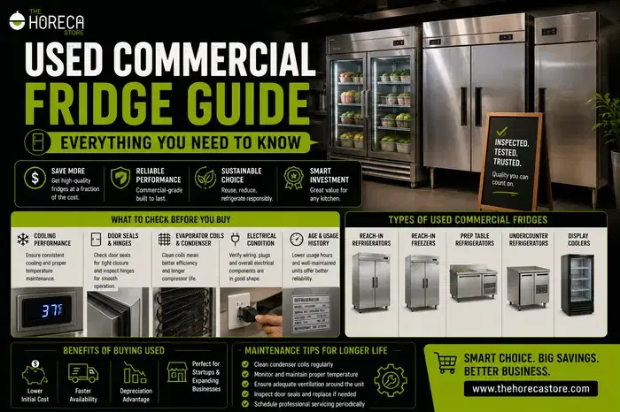 The Horeca Store used commercial fridge guide thumbnail featuring stainless steel kitchen refrigerators.