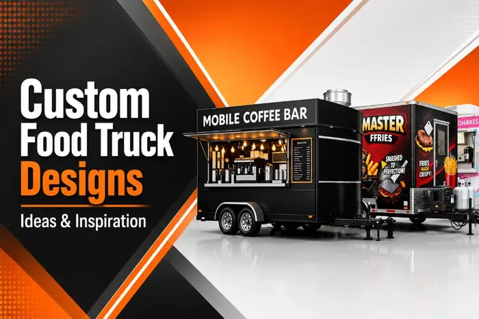 Custom Food Truck Designs thumbnail showing modern food trailers including a mobile coffee bar and a colorful fries trailer