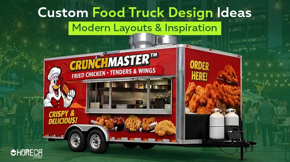 Custom food truck design ideas featuring modern fried chicken food trailer with branded graphics, commercial kitchen layout, serving window, and creative mobile restaurant inspiration for food truck businesses.
