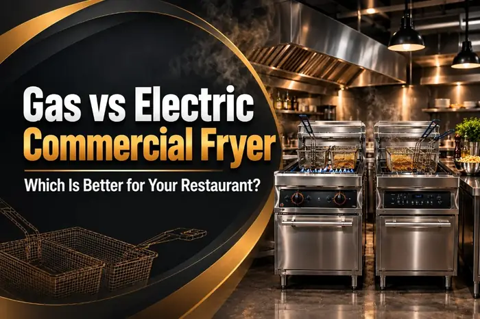 Thumbnail of Gas vs Electric Commercial Fryer with two stainless fryers, fry baskets, and a gold fry-basket graphic