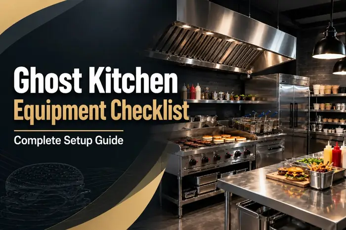 Thumbnail of Ghost Kitchen Equipment Checklist with commercial griddle, fryer, hood, and plated burgers