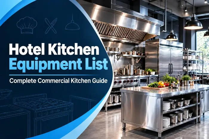 Thumbnail of Hotel Kitchen Equipment List with stainless commercial kitchen range, hood, and prep island