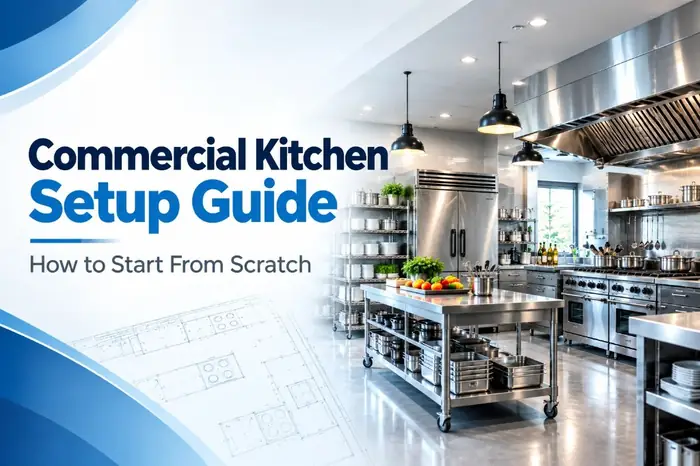 Thumbnail of Commercial Kitchen Setup Guide with stainless prep island, refrigerator, cook line, and kitchen floor plan