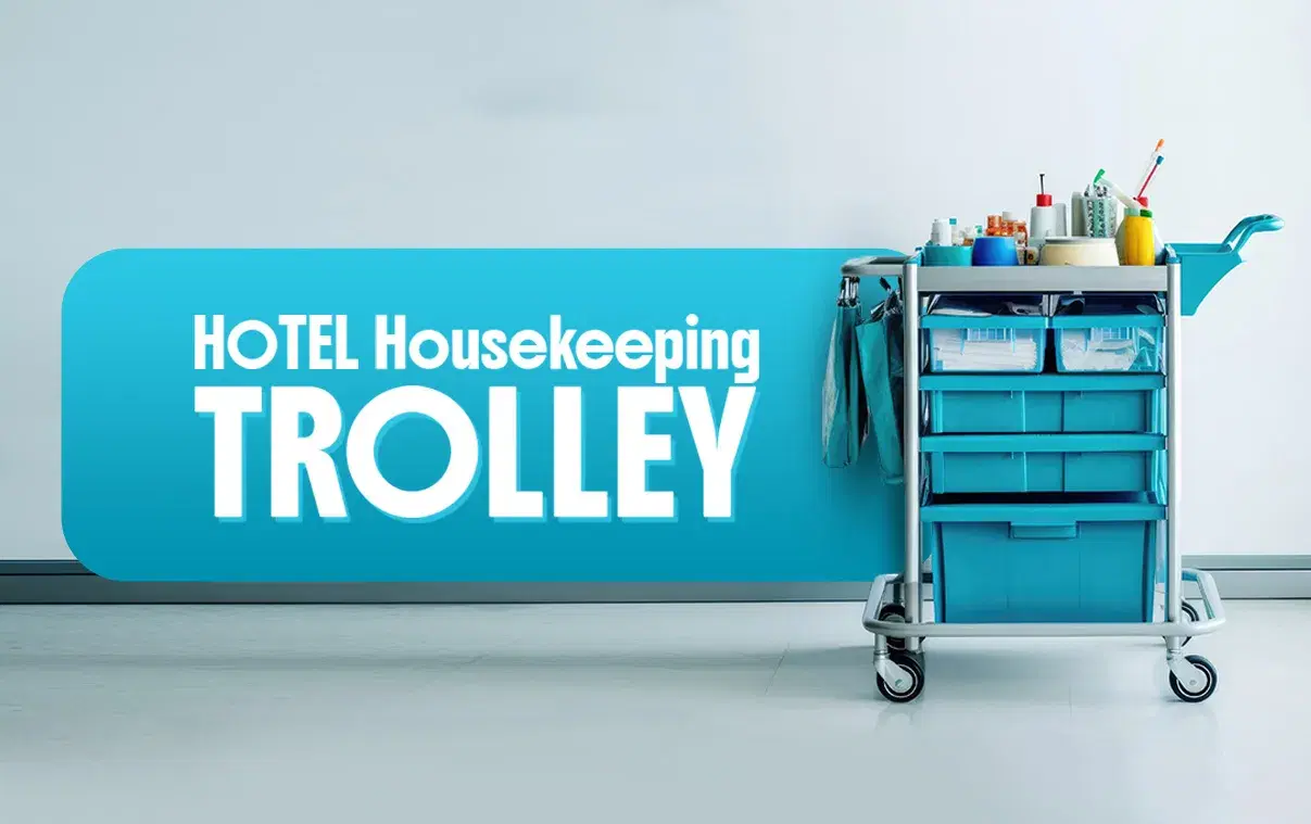 Blue hotel housekeeping trolley with cleaning supplies and storage compartments, placed against a wall with bold text reading “Hotel Housekeeping Trolley.”
