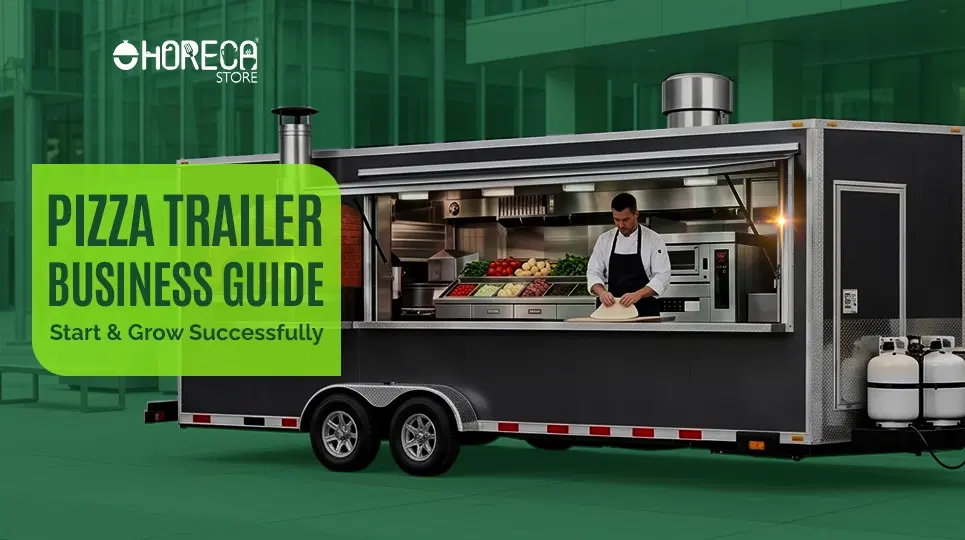 Pizza trailer business guide featuring mobile pizza trailer kitchen with professional chef, commercial cooking equipment, and tips to start and grow a successful pizza trailer business.