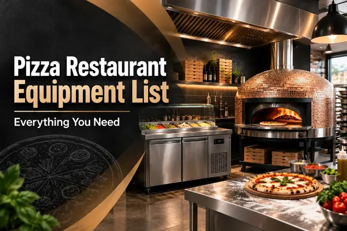 Thumbnail of Pizza Restaurant Equipment List with copper pizza oven and prep table
