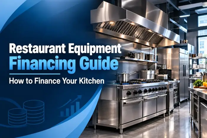Thumbnail of Restaurant Equipment Financing Guide with stainless commercial range, hood, and kitchen refrigerators