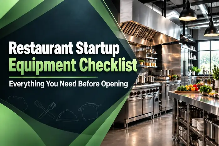 Thumbnail of Restaurant Startup Equipment Checklist with stainless range, hood, refrigerator, prep island, and green equipment icons