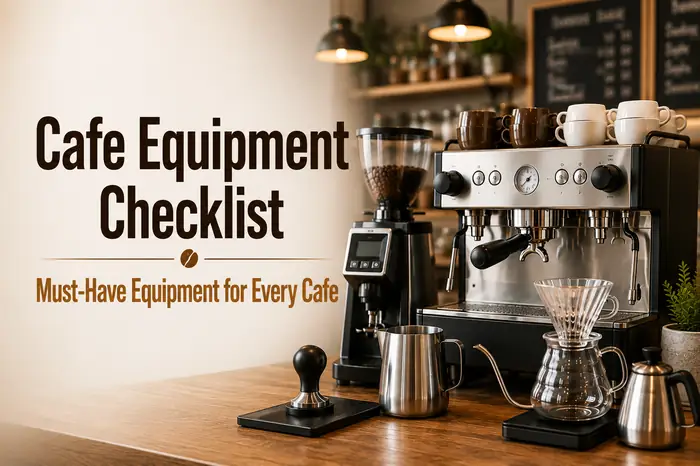 Thumbnail of cafe equipment checklist with espresso machine, coffee grinder, and barista tools.