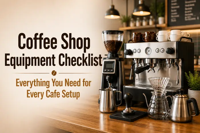 Thumbnail of coffee shop equipment checklist featuring espresso machine, grinder, and barista tools.