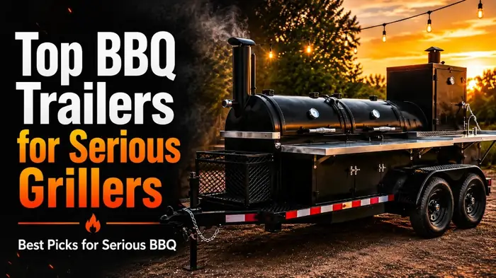 Top BBQ Trailers thumbnail showing a black dual-axle BBQ smoker trailer with smoke stack and Best Picks for Serious BBQ text