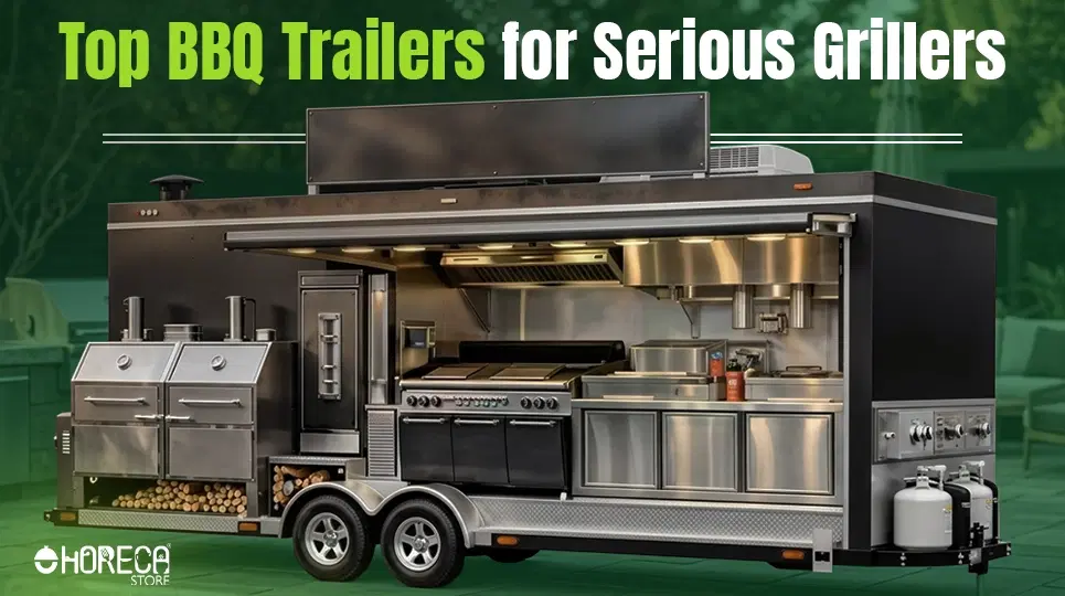 Top BBQ trailers for serious grillers featuring custom barbecue food trailer with smokers, grills, commercial cooking equipment, and outdoor catering setup.