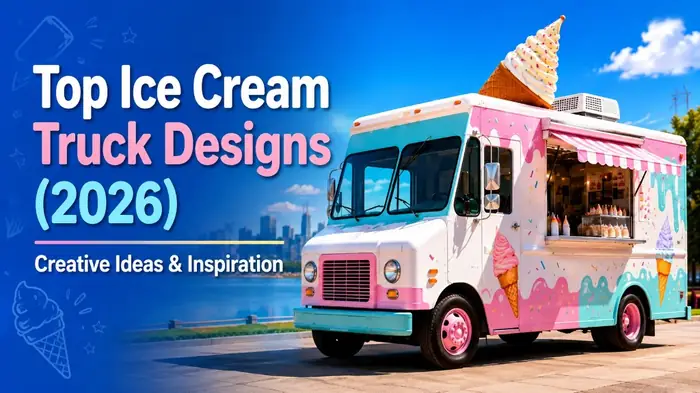 Top Ice Cream Truck Designs 2026 thumbnail showing a pastel ice cream truck with soft-serve roof cone and Creative Ideas and Inspiration text
