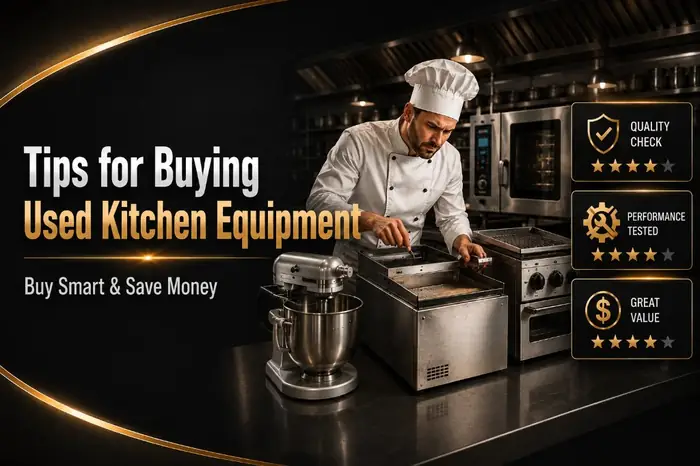 Thumbnail of Tips for Buying Used Kitchen Equipment with chef inspecting stainless appliances