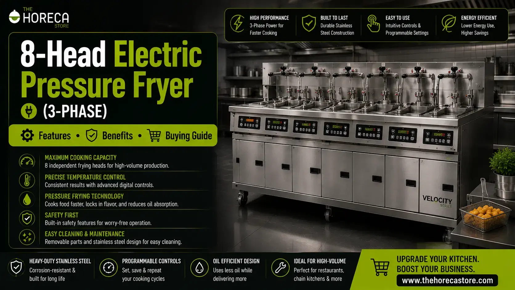 8-Head Electric Pressure Fryer (3-Phase): Discover key features, benefits, capacity, and buying tips for high-volume commercial frying operations.