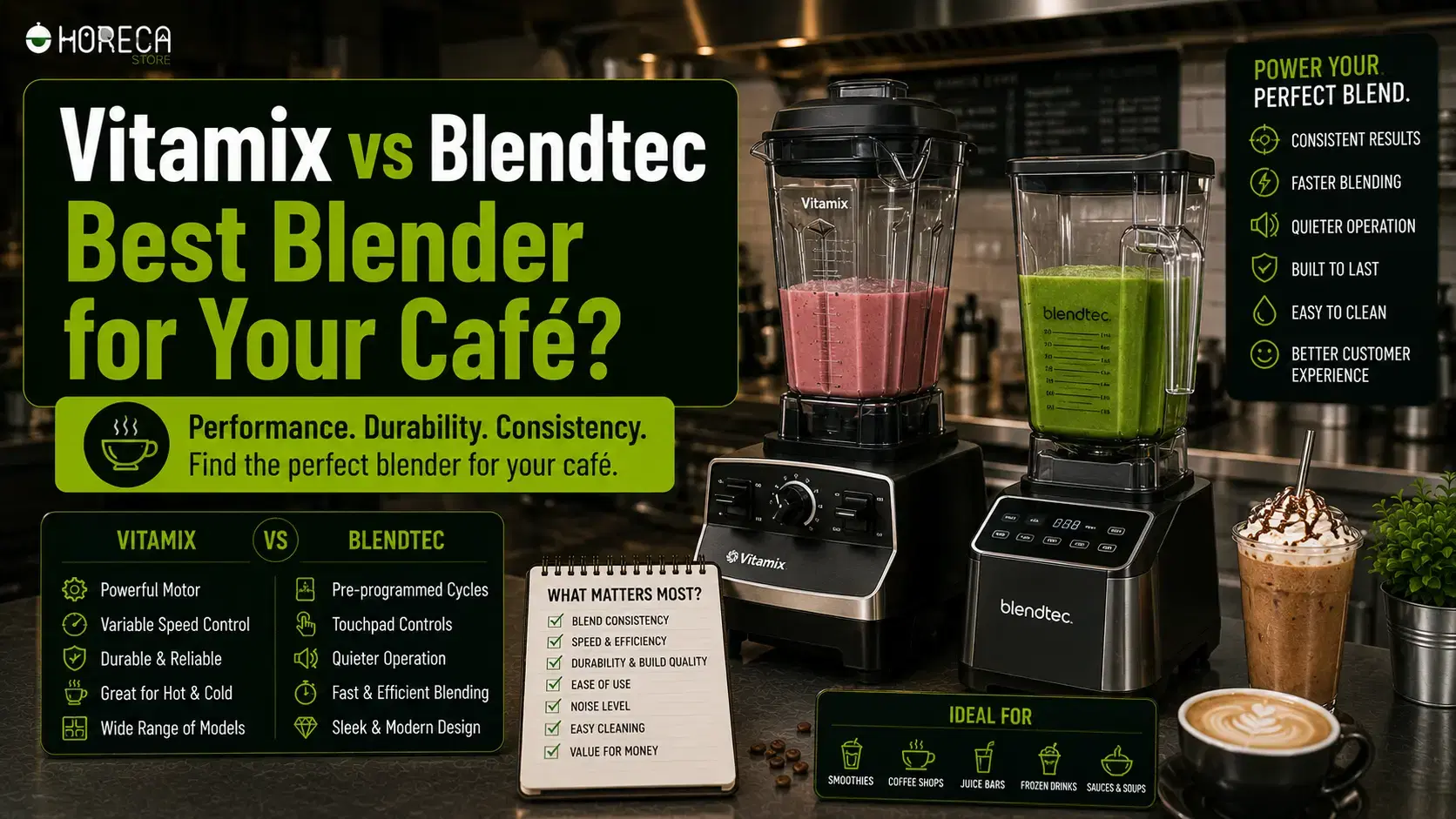 Vitamix vs Blendtec: Compare performance, durability, noise, and features to choose the best commercial blender for your café or foodservice business.