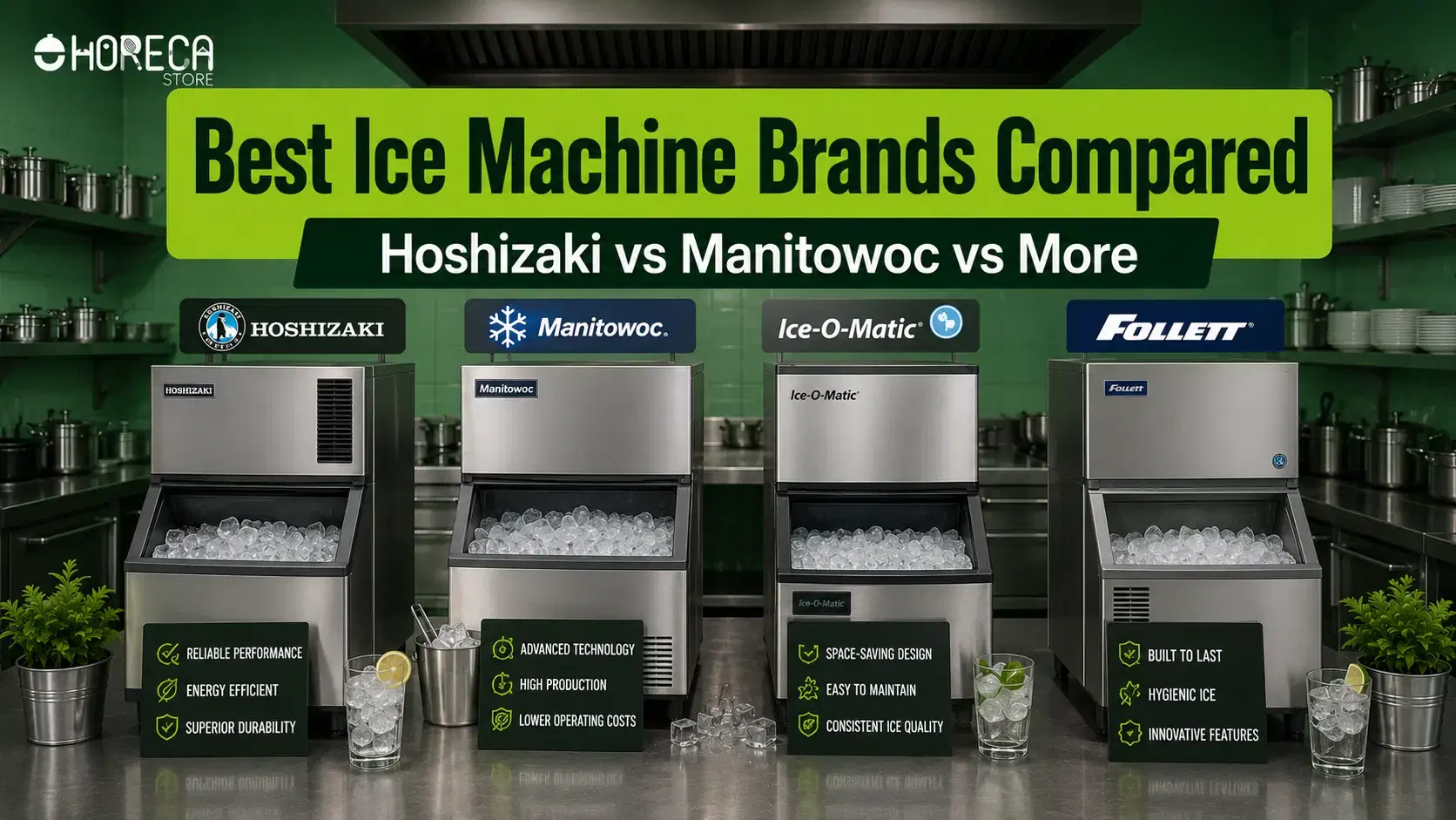 Compare top commercial ice machine brands including Hoshizaki, Manitowoc, Ice-O-Matic, and Follett for performance and value.