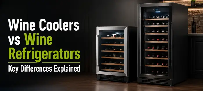 Thumbnail of stainless steel wine cooler and wine refrigerator units with glass doors stocked with wine bottles for a key differences guide