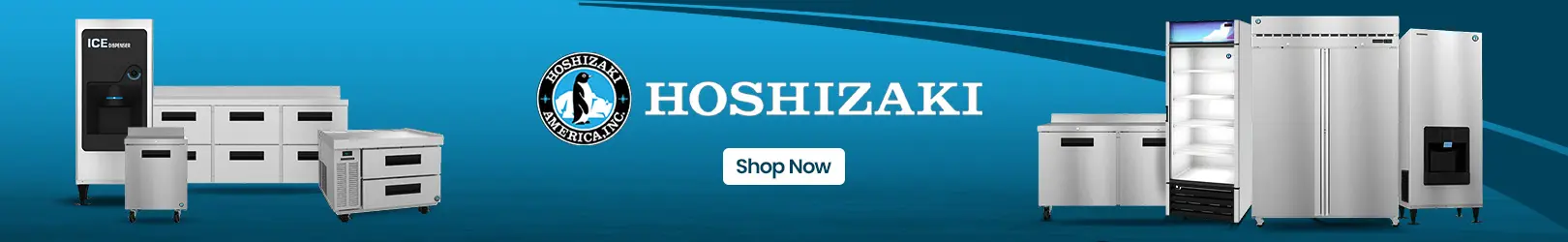 Hoshizaki brand banner showcasing refrigerators, freezers, chef bases, prep tables, and ice machines for restaurants and bars, set on blue background.