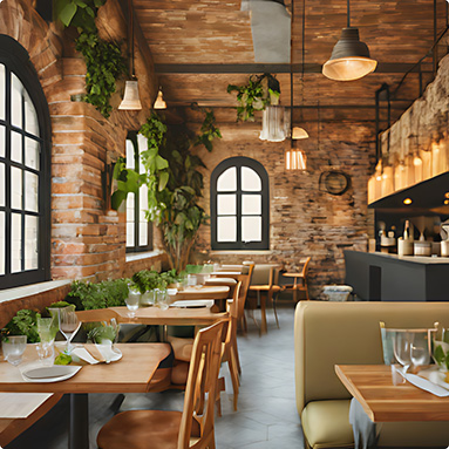 Cozy restaurant interior with wooden tables, chairs, brick walls, hanging plants, and warm lighting creating a welcoming dining atmosphere.
